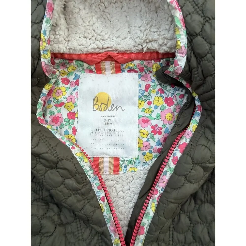Mini Boden Olive Green Quilted Hooded Jacket with Floral Trim - Picture 2 of 4